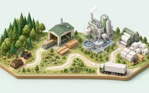 Isometrische 3D-Grafik erklärt Svenska Cellulosa AB SCA (SE0000112724) mit Wertschöpfungskette von Wald bis Papierrolle - Foto: THN