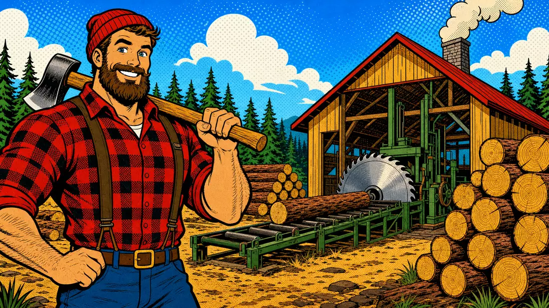 Pop-Art-Comicbild eines Holzfällers vor buntem stilisiertem Sägewerk mit Baumstämmen