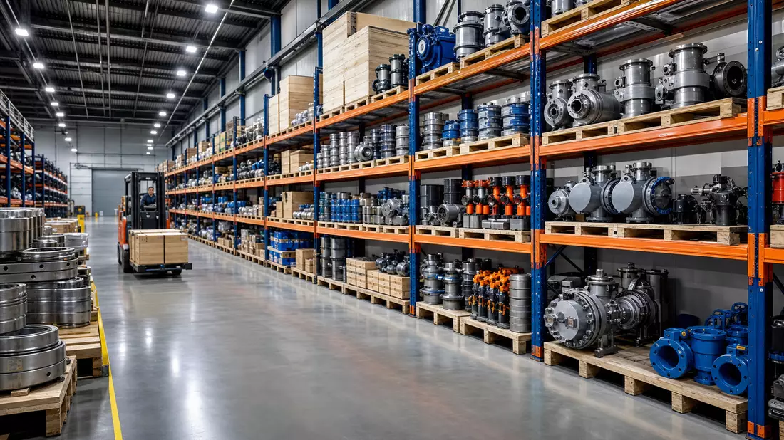 Fotorealistisches Foto eines Industrie-Ersatzteillagers mit Regalen technischer Komponenten