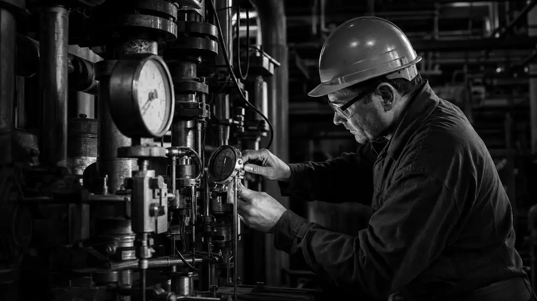 Dramatisches Schwarzweißfoto eines Technikers an einer industriellen Fertigungsanlage