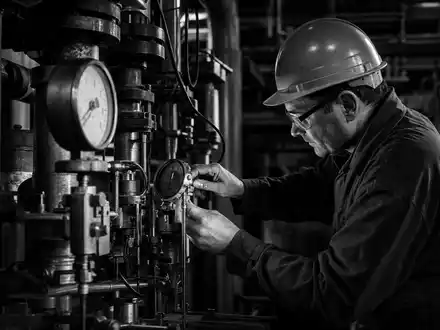 Schwarz-Weiß-Reportage eines Technikers an großer Maschinenanlage symbolisiert die Ingenieurskompetenz von Indutrade AB SE0001515552 - Foto: THN