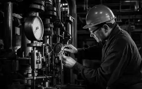 Schwarz-Weiß-Reportage eines Technikers an großer Maschinenanlage symbolisiert die Ingenieurskompetenz von Indutrade AB SE0001515552 - Foto: THN