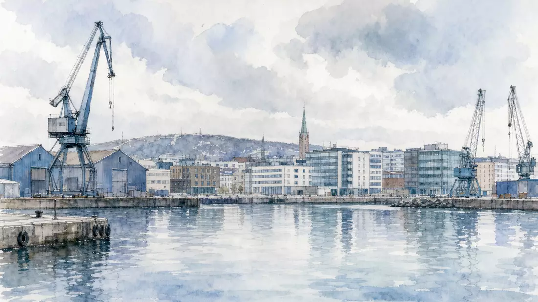 Aquarell-Panorama eines Stockholmer Industriehafens mit Kränen und Lagerhallen
