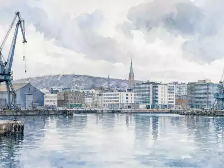 AquarellgemÀlde einer Stockholmer Hafenindustrie verbildlicht die nordische Herkunft von Indutrade AB ISIN SE0001515552 - Foto: THN