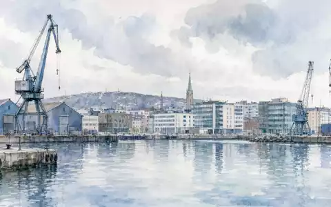 Aquarellgemälde einer Stockholmer Hafenindustrie verbildlicht die nordische Herkunft von Indutrade AB ISIN SE0001515552 - Foto: THN