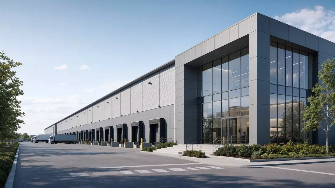 Photorealistisches Architektur-Render einer modernen Industrie- und Logistikhalle