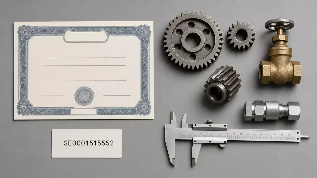 Draufsicht-Flatlay mit Zahnrädern, Ventilen, Aktienzertifikat und ISIN-Karte