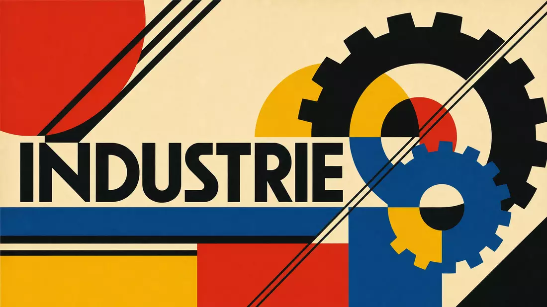 Bauhaus-Grafikposter mit INDUSTRIE-Schriftzug und geometrischen Zahnradformen
