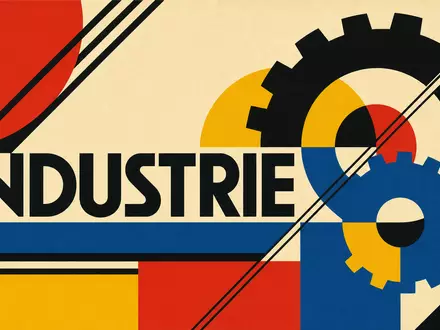 Bauhaus-Poster mit dem Wort INDUSTRIE und geometrischen Zahnrädern repräsentiert die Branche von Indutrade AB SE0001515552 - Foto: THN