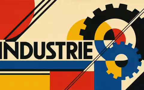 Bauhaus-Poster mit dem Wort INDUSTRIE und geometrischen Zahnrädern repräsentiert die Branche von Indutrade AB SE0001515552 - Foto: THN