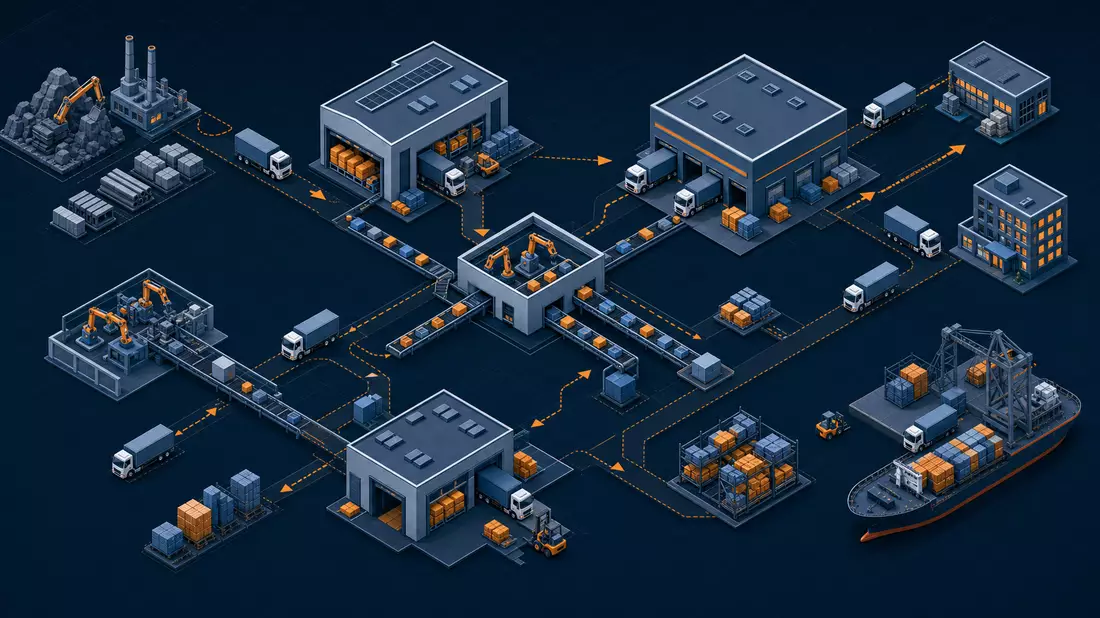 Isometrische 3D-Illustration einer industriellen Lieferkette mit Lagerhallen und Fahrzeugen