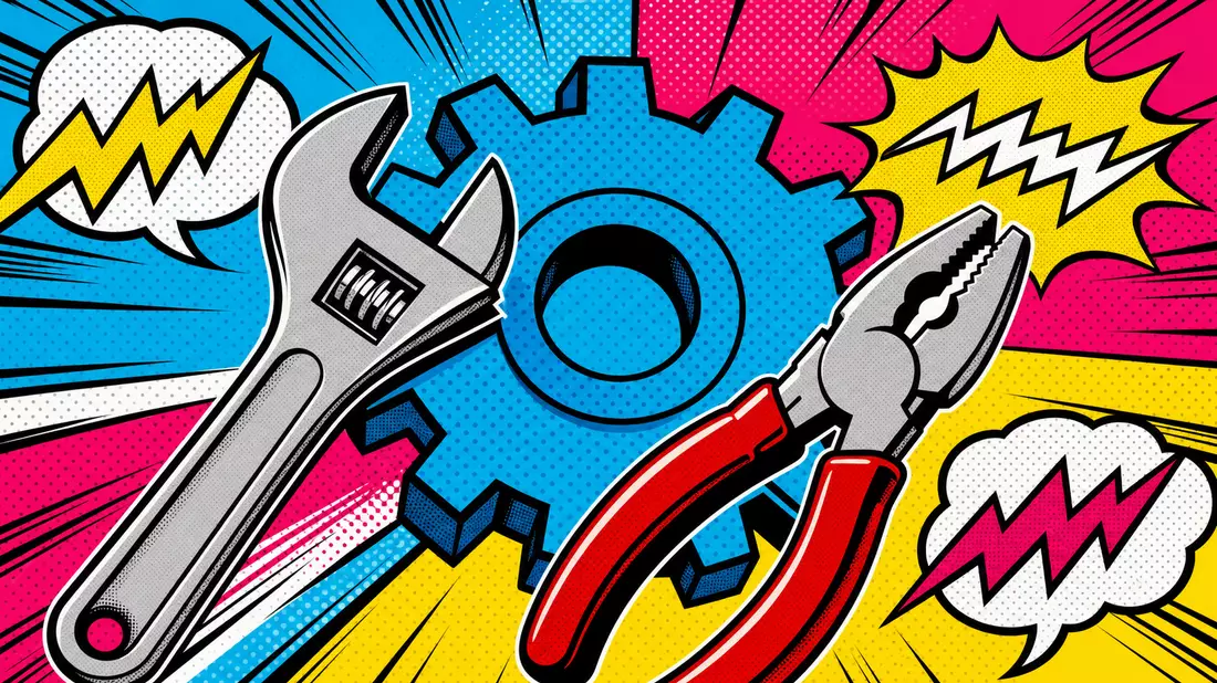 Lichtenstein-Pop-Art-Illustration eines Zahnrads mit Werkzeugen und bunten Sprechblasen