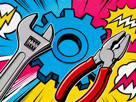 Pop-Art-Comic mit stilisiertem Zahnrad und Werkzeug symbolisiert die Industriewelt von Indutrade AB ISIN SE0001515552 - Foto: THN