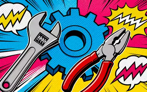 Pop-Art-Comic mit stilisiertem Zahnrad und Werkzeug symbolisiert die Industriewelt von Indutrade AB ISIN SE0001515552 - Foto: THN