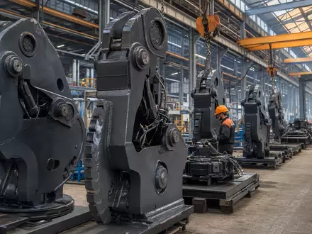 Realistisches Foto zeigt Lifco AB SE0015949201 Industriehalle mit Demolition-Tools-Anlagen und schwedischer Fertigungslinie im Hintergrund - Foto: THN