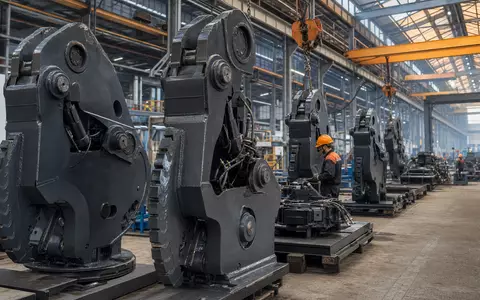 Realistisches Foto zeigt Lifco AB SE0015949201 Industriehalle mit Demolition-Tools-Anlagen und schwedischer Fertigungslinie im Hintergrund - Foto: THN