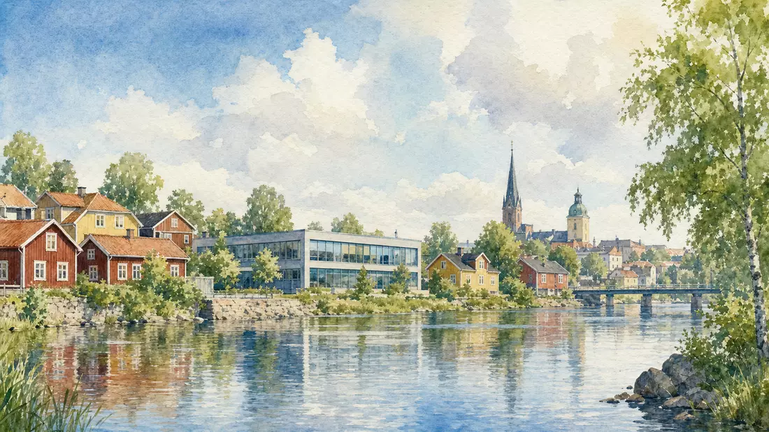 Aquarellbild einer schwedischen Kleinstadt mit Industriegebäude am Fluss