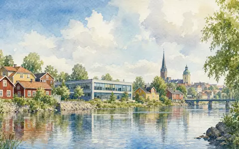 Aquarellmalerei zeigt Lifco AB SE0015949201 schwedische Kleinstadt Enköping mit Firmengebäude am Fluss im Sommerlicht - Foto: THN
