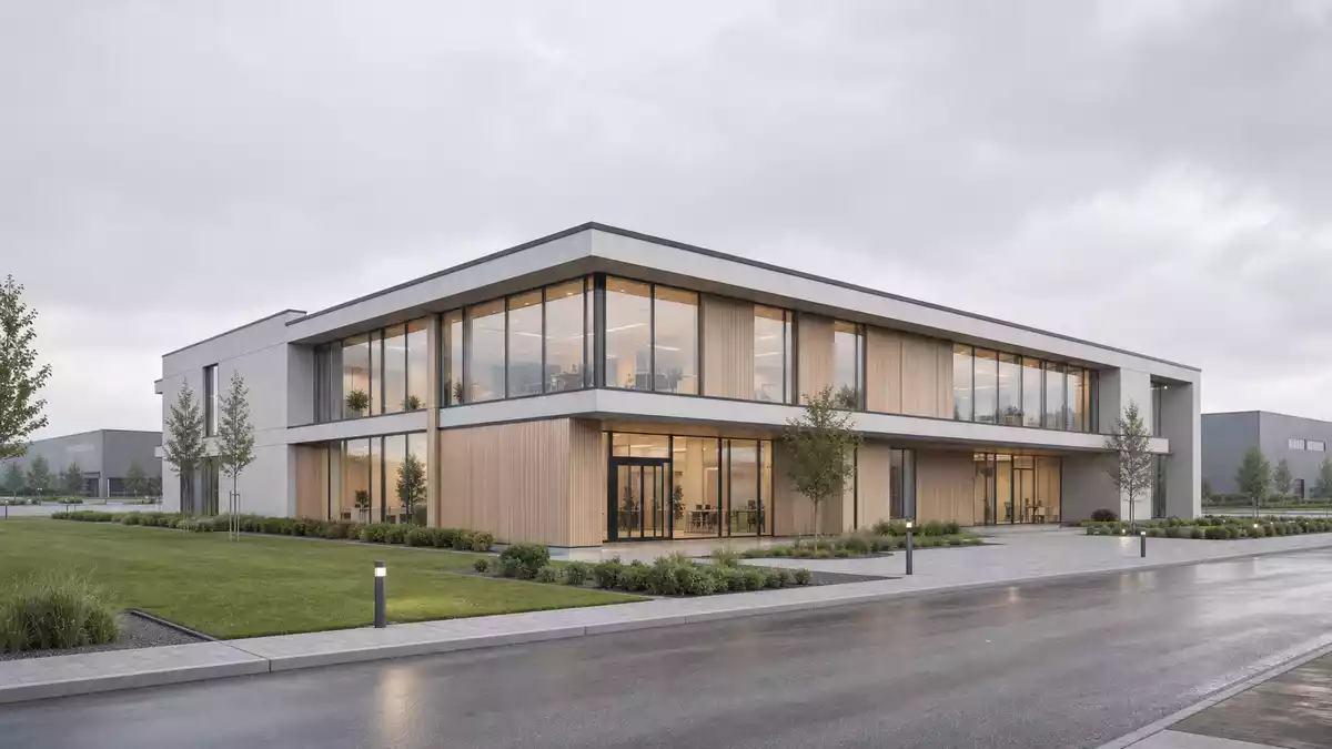 3D-Architekturrender eines modernen Bürogebäudes mit Glasfassade