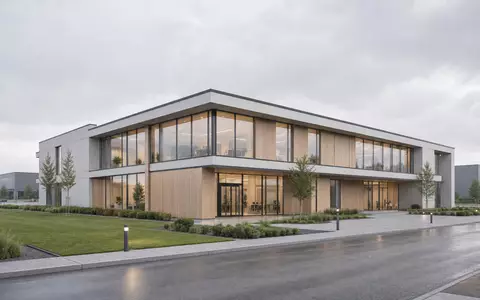 Architektur-Render zeigt Lifco AB SE0015949201 modernes Verwaltungsgebäude mit Glasfassade in nordischer Industrieumgebung - Foto: THN