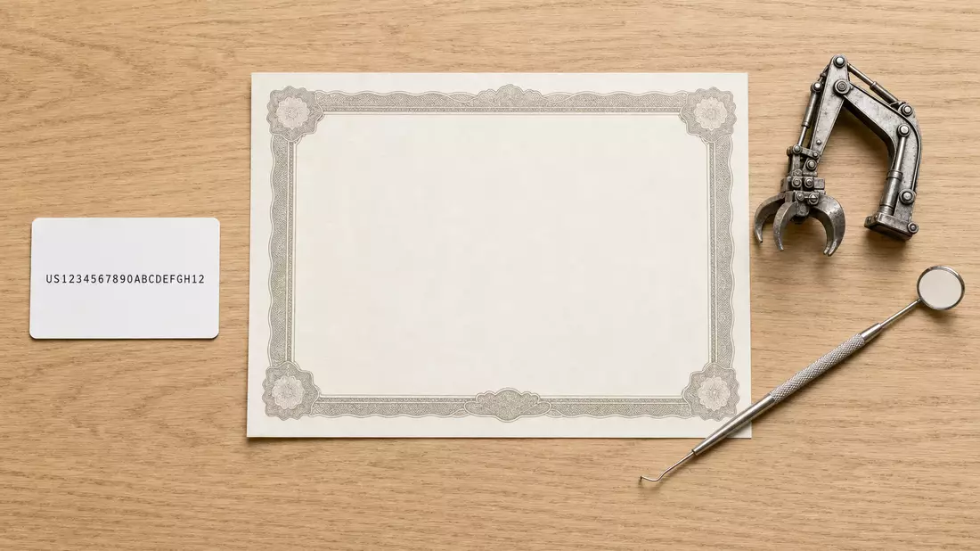 Flatlay mit Aktienzertifikat, ISIN-Karte und Werkzeugminiaturen auf Holztisch