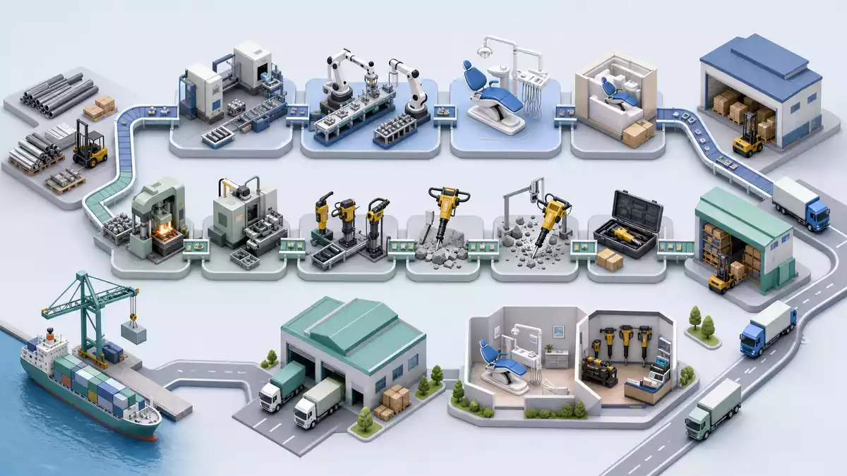 Isometrische 3D-Grafik einer industriellen Wertschöpfungskette