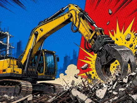 Pop-Art-Comic zeigt Lifco AB SE0015949201 stilisierte Fabrikszene mit Abbruchmaschine in kräftigen Farben - Foto: THN