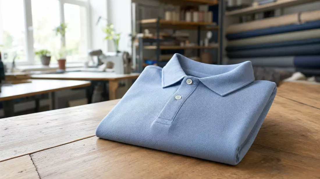 Gefaltetes unmarkiertes Poloshirt auf Holztisch in heller Textilwerkstatt
