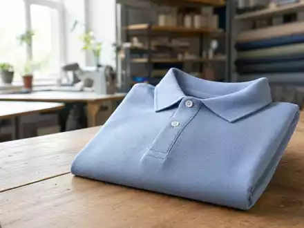 Fotorealistisches Bild eines markenfreien Poloshirts in Textilwerkstatt symbolisiert Ralph Lauren Corp Aktie ISIN US7512121010 Sportswear - Foto: THN