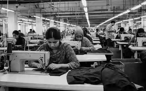 Schwarzweiße Reportage-Aufnahme einer Textilmanufaktur veranschaulicht Produktionsprozess der Ralph Lauren Corp Aktie ISIN US7512121010 im Bekleidungssektor - Foto: THN
