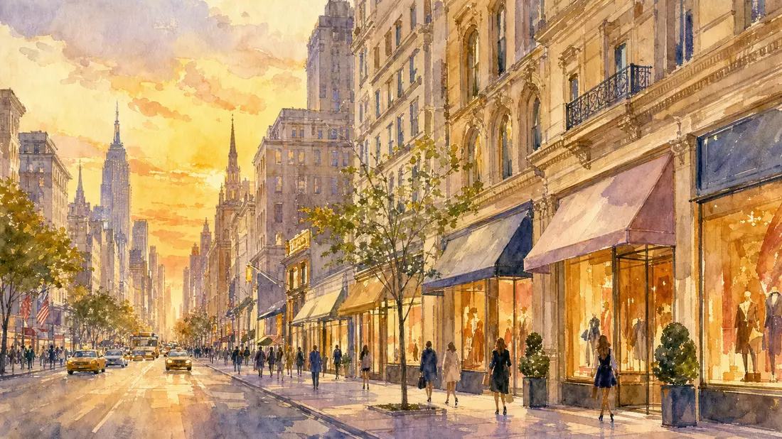 Aquarell-Ansicht der Fifth Avenue mit generischen Boutique-Schaufenstern bei Sonnenuntergang
