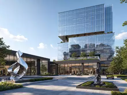 Architektur-Render eines modernen Glas-Firmensitzes visualisiert Unternehmenszentrale der Ralph Lauren Corp Aktie mit ISIN US7512121010 - Foto: THN