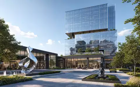 Architektur-Render eines modernen Glas-Firmensitzes visualisiert Unternehmenszentrale der Ralph Lauren Corp Aktie mit ISIN US7512121010 - Foto: THN