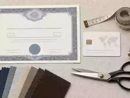 Flatlay-Arrangement mit Aktienzertifikat und ISIN-Karte illustriert Finanzanlage in Ralph Lauren Corp Aktie ISIN US7512121010 Textilbranche - Foto: THN
