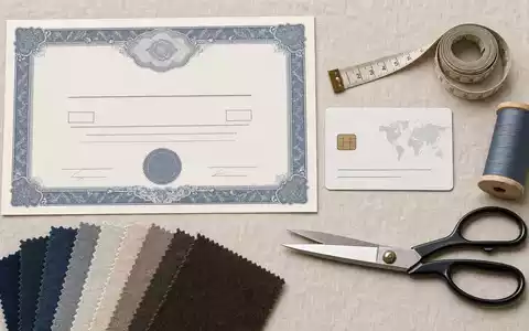 Flatlay-Arrangement mit Aktienzertifikat und ISIN-Karte illustriert Finanzanlage in Ralph Lauren Corp Aktie ISIN US7512121010 Textilbranche - Foto: THN
