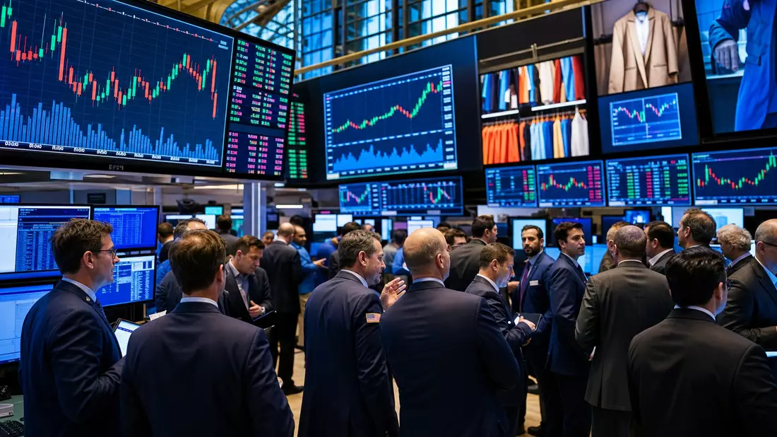 Trading-Floor der New Yorker Börse mit Bekleidungssektor-Charts auf Bildschirmen
