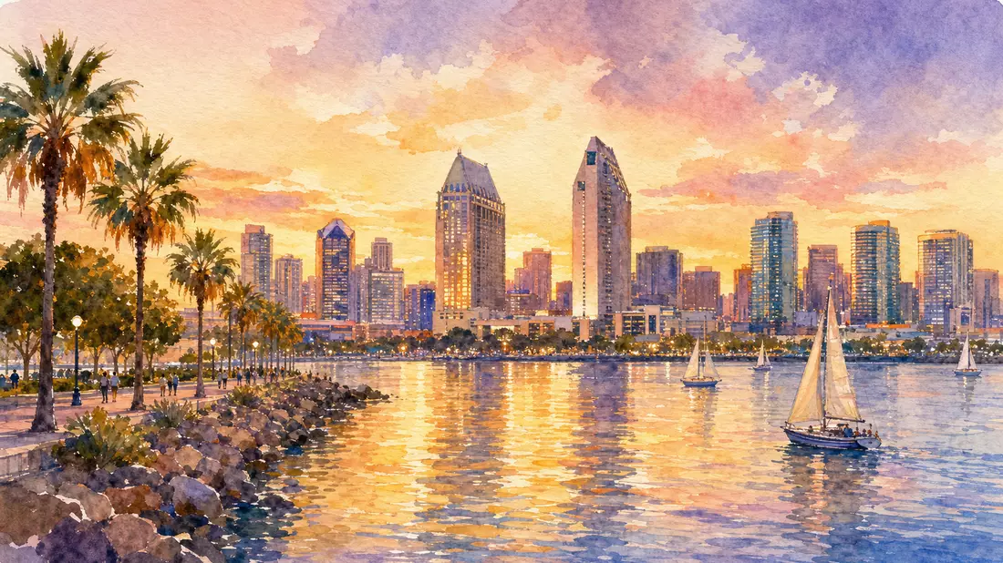 Aquarellmalerei der San-Diego-Skyline mit Segelbooten bei Sonnenuntergang