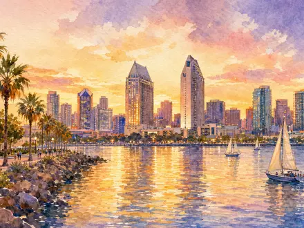 Realty Income Corp US75513E1010 stellt die San-Diego-Skyline als stimmungsvolles Aquarell bei Sonnenuntergang dar - Foto: THN