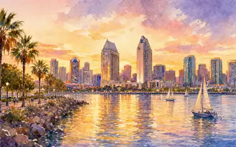 Realty Income Corp US75513E1010 stellt die San-Diego-Skyline als stimmungsvolles Aquarell bei Sonnenuntergang dar - Foto: THN
