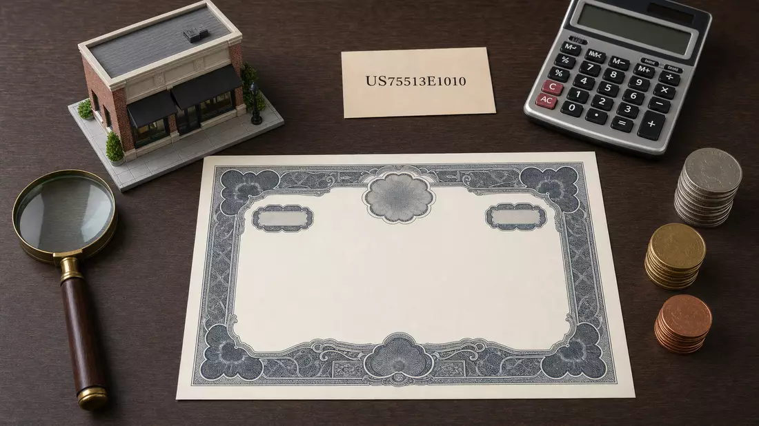 Flatlay mit Aktienzertifikat, ISIN-Karte, Lupe und Miniatur-Ladengebäude