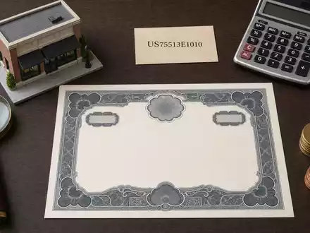 Realty Income Corp US75513E1010 zeigt ein Flatlay mit Aktienzertifikat, ISIN-Karte und Immobilienmodell - Foto: THN