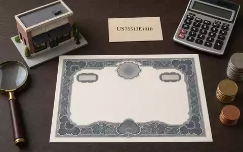 Realty Income Corp US75513E1010 zeigt ein Flatlay mit Aktienzertifikat, ISIN-Karte und Immobilienmodell - Foto: THN