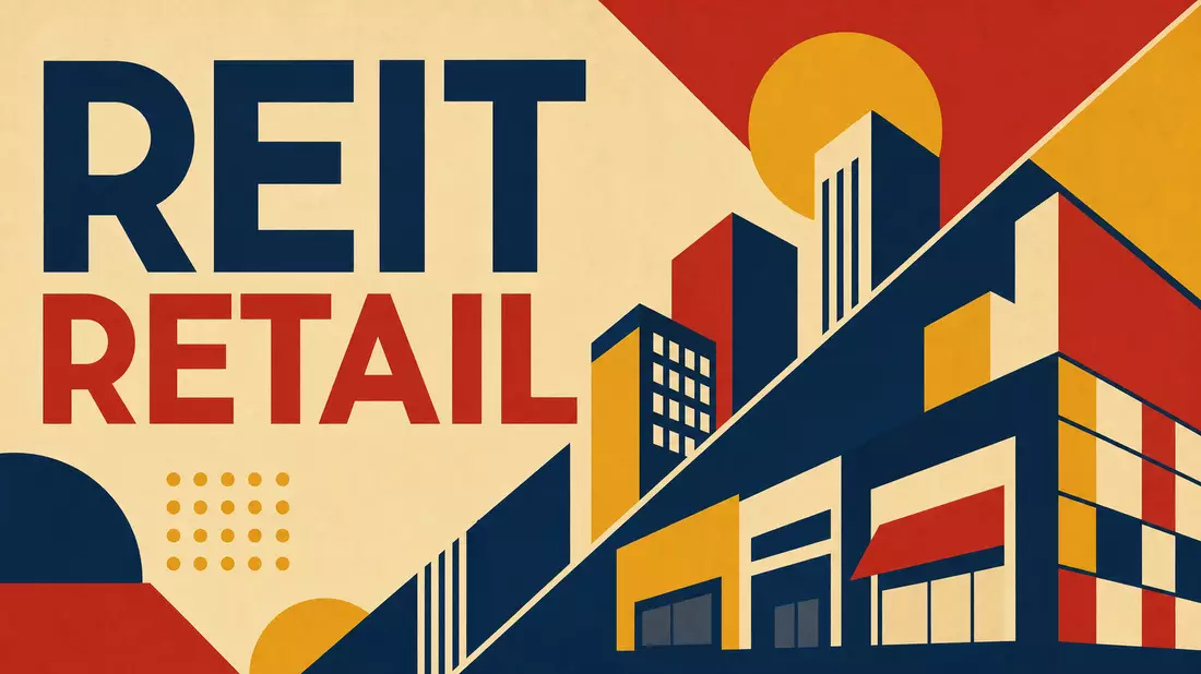 Geometrisches Bauhaus-Poster mit Gebäudeformen und Sektor-Schriftzügen REIT RETAIL