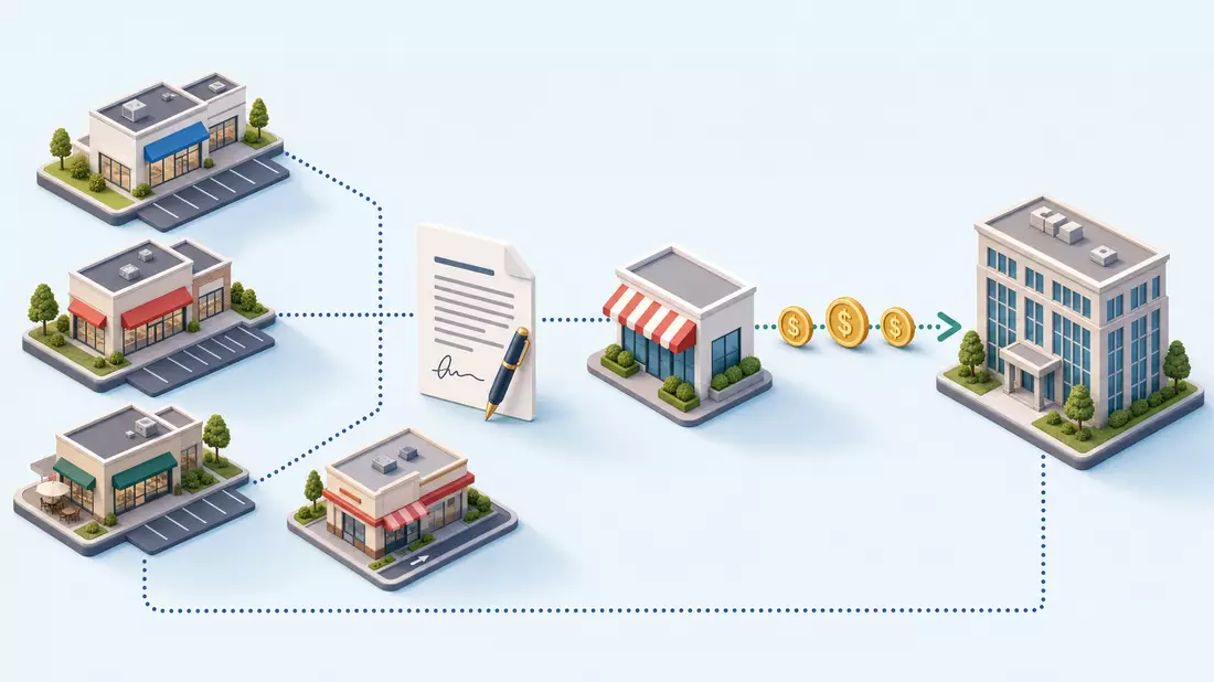 Isometrisches 3D-Diagramm der Wertschöpfungskette von Mietverträgen und Immobilienerträgen