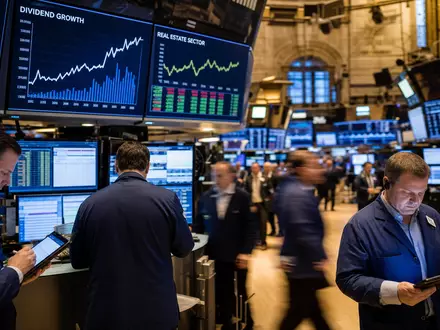Realty Income Corp US75513E1010 wird redaktionell mit einer belebten Börsenparkett-Szene und Dividenden-Charts visualisiert - Foto: THN