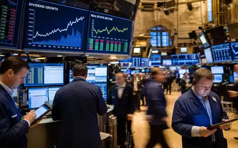 Realty Income Corp US75513E1010 wird redaktionell mit einer belebten Börsenparkett-Szene und Dividenden-Charts visualisiert - Foto: THN