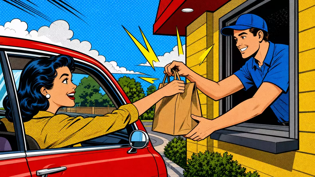 Pop-Art-Comic-Illustration einer Drive-Thru-Übergabe an unbeschriftetem Schnellrestaurant