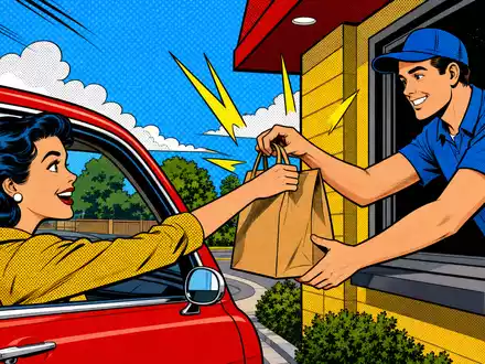 Realty Income Corp US75513E1010 wird als farbenfrohe Pop-Art-Comic-Szene an einem Drive-Thru-Schalter dargestellt - Foto: THN