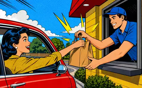 Realty Income Corp US75513E1010 wird als farbenfrohe Pop-Art-Comic-Szene an einem Drive-Thru-Schalter dargestellt - Foto: THN