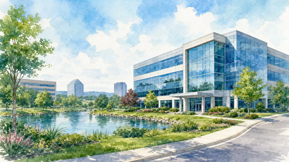 Aquarellmalerei eines modernen Bürogebäudes mit Teich und Grünflächen